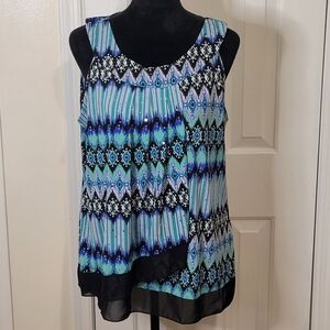 * Roz & Ali Women's Faux Wrap Geometric With Silver Dots Blouse Top Blue Size XL